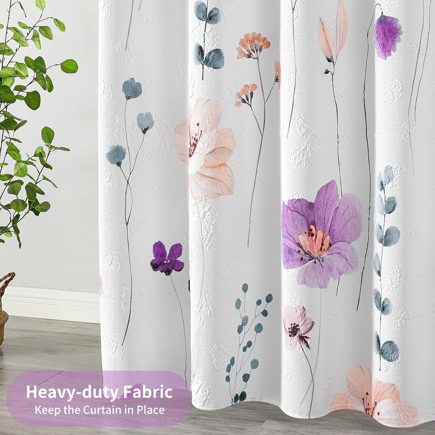 Watercolor Floral Shower Curtain, 3D Embossed Butterflies Purple Pink Flower Bathroom Curtain, Minimalist White Cloth with Hooks, 72X72