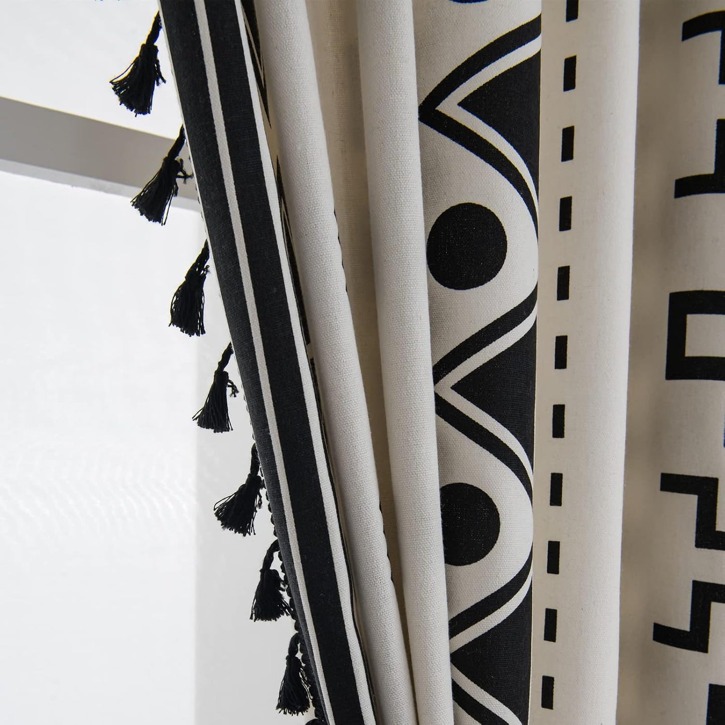 Black and White Boho Curtain 84 Inches Length for Bedroom, Printed Cotton Linen Geometric Rod Pocket Chic Semi Blackout Bohemian Tassels Window Treatment, 1 Panel 59" W X 84" L