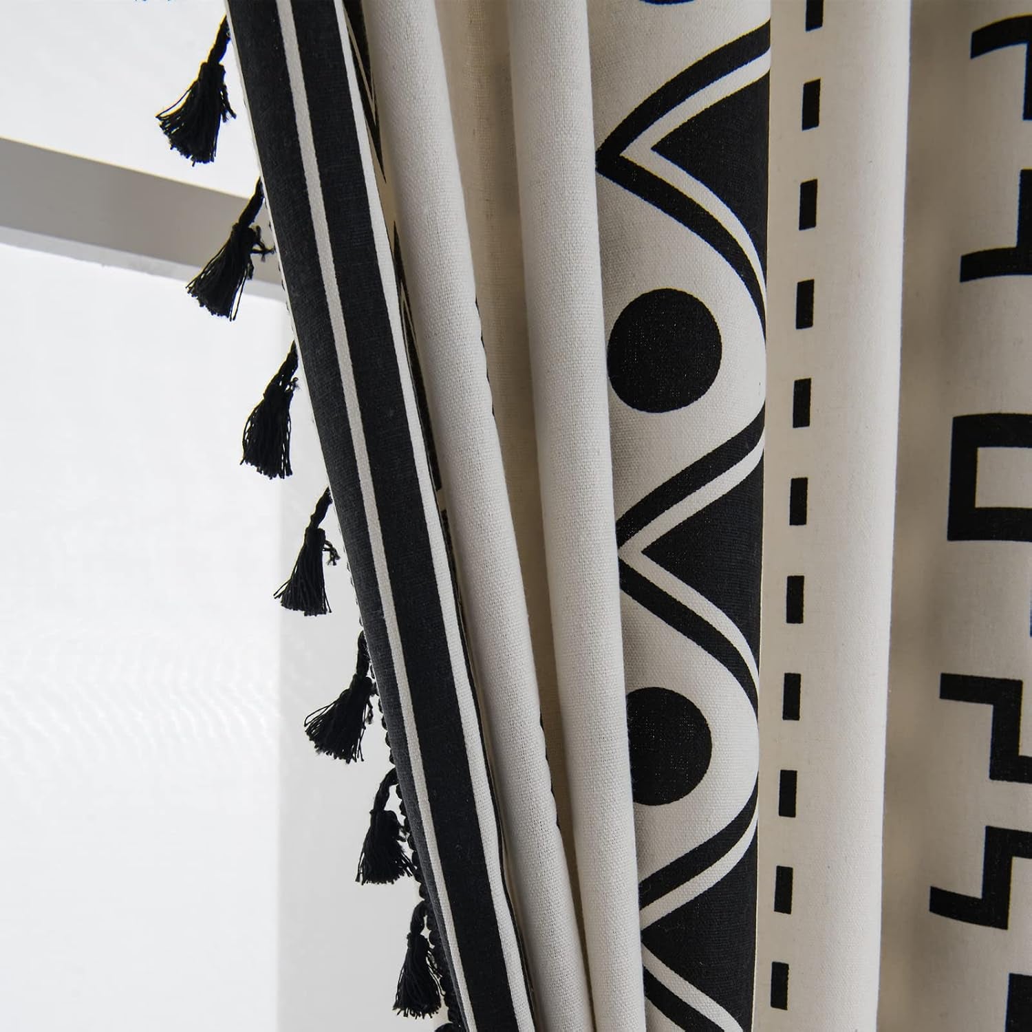 Black and White Boho Curtain 84 Inches Length for Bedroom, Printed Cotton Linen Geometric Rod Pocket Chic Semi Blackout Bohemian Tassels Window Treatment, 1 Panel 59" W X 84" L