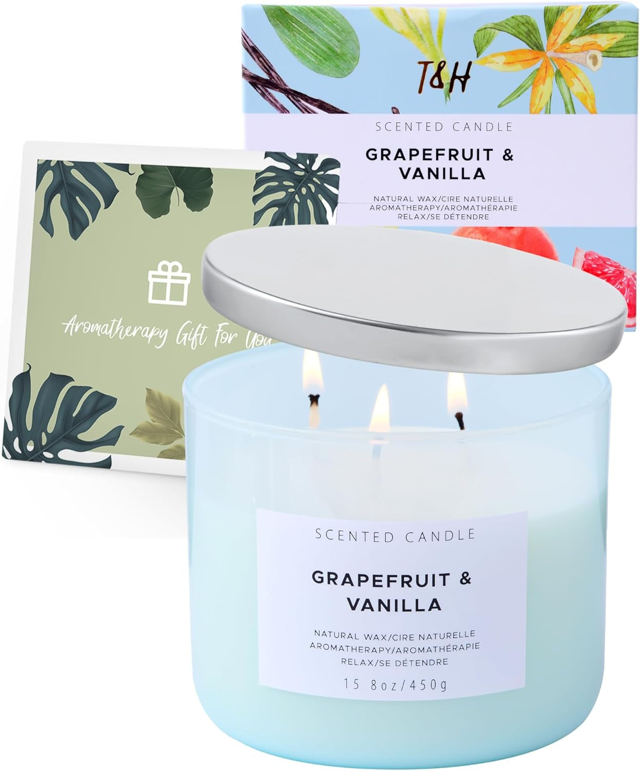 Grapefruit Vanilla Scented Candle | Natural Soy Large 3 Wick Candle for Home 15.8 Oz 