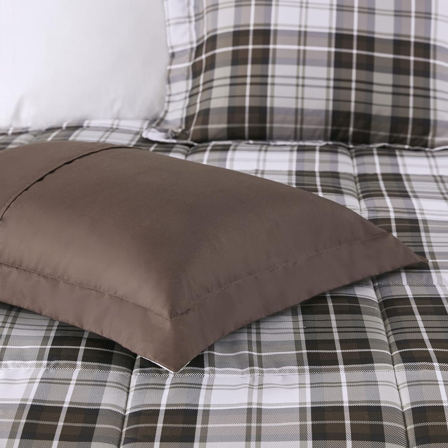 Essentials Parkston Plaid Comforter Set, Full/Queen, Brown, 3 Piece