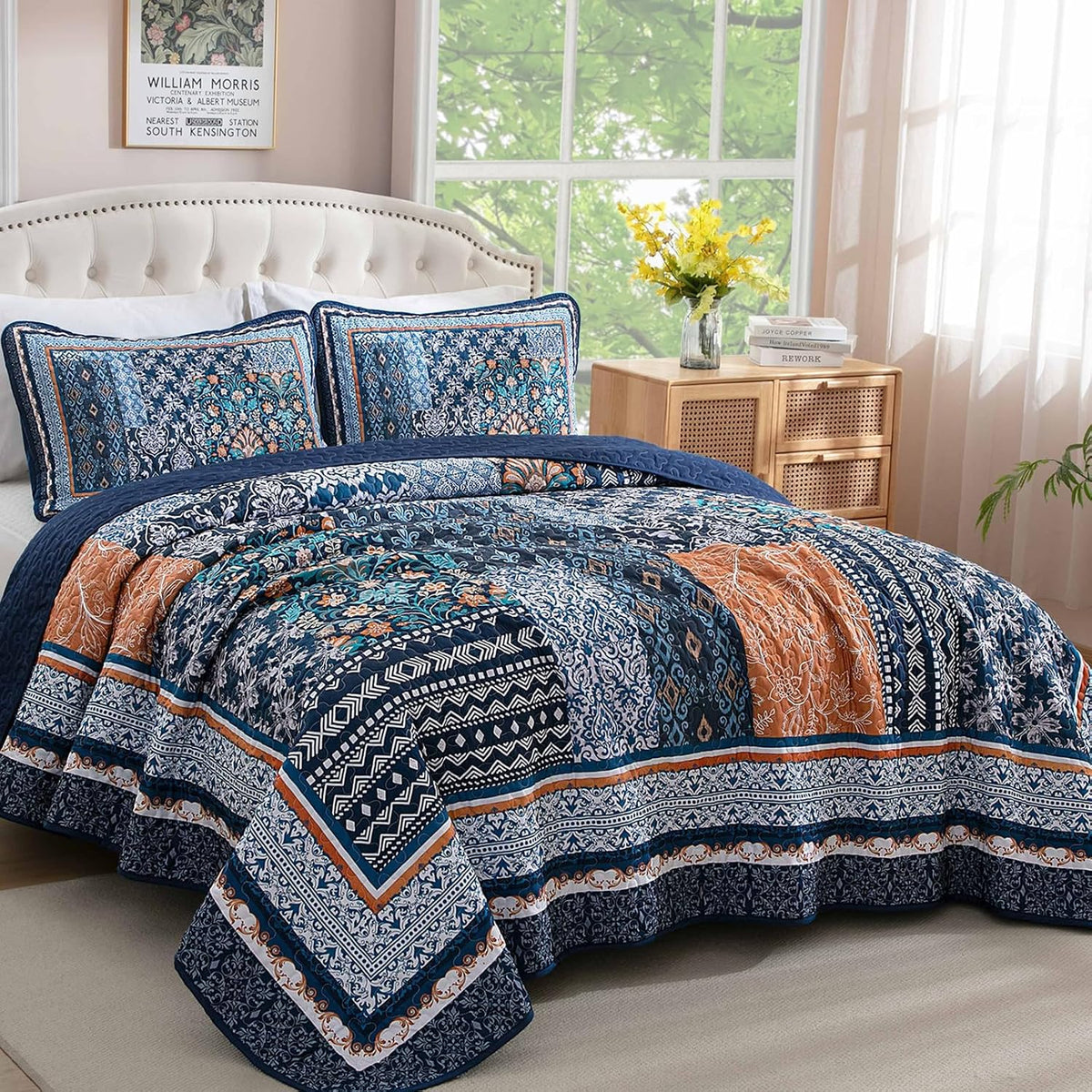 Boho Quilt Set Twin, 3 Pcs Navy Blue Patchwork Bedspread Set
