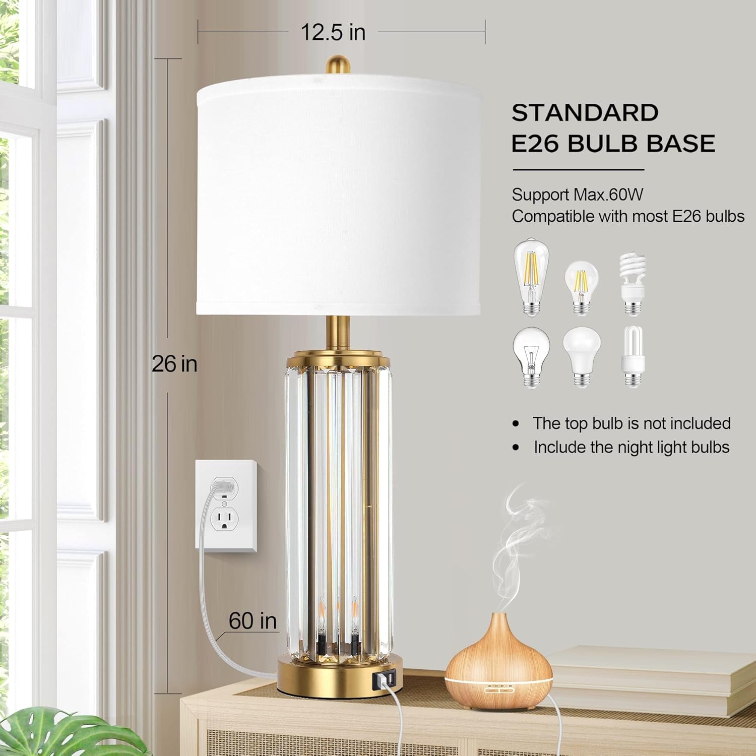 Gold Side Table Lamps, Set of 2 with Nightlight, Modern Bedside Lamp with 2 USB A+C Charging Port (Led Bulbs Included)