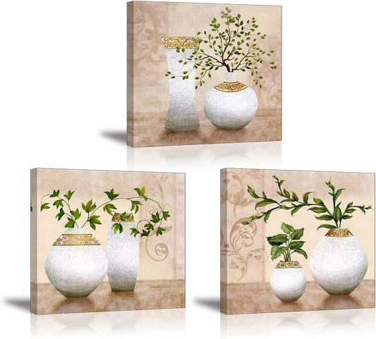 3 Piece Wall Art Elegant Canvas Painting Prints of Green Spring Plants in Vases on Beige/Tan Picture (Ready to Hang, 12X12 X3)