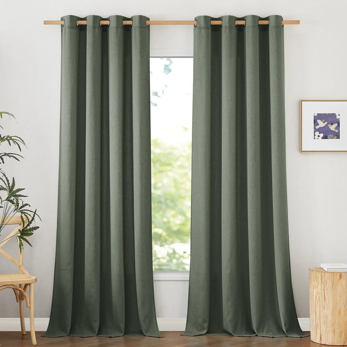 Linen Curtains 84 Inches Long, Grommet Thick Linen Blend Drape Farmhouse Light Filtering Privacy Protection Window Treatment, Lichen, 55"X84", 2 Panels