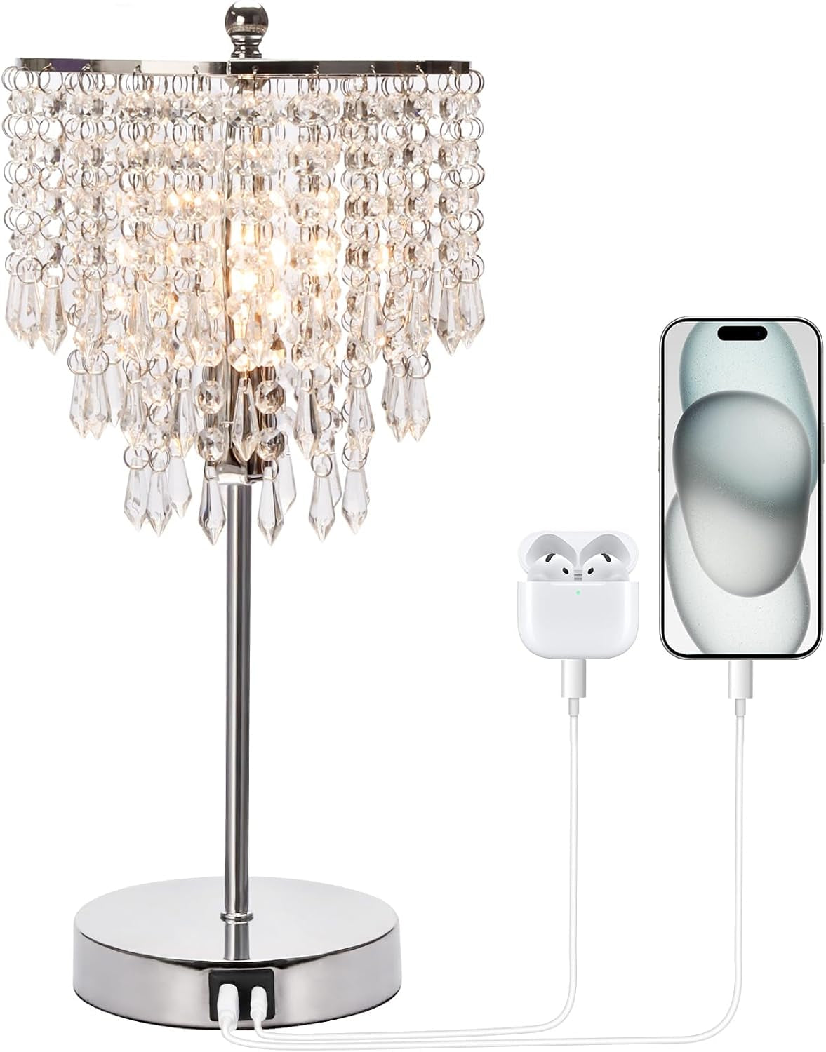 Elegant Crystal Side Table Lamp with USB C+A Charging Ports, B11 LED Bulb Included