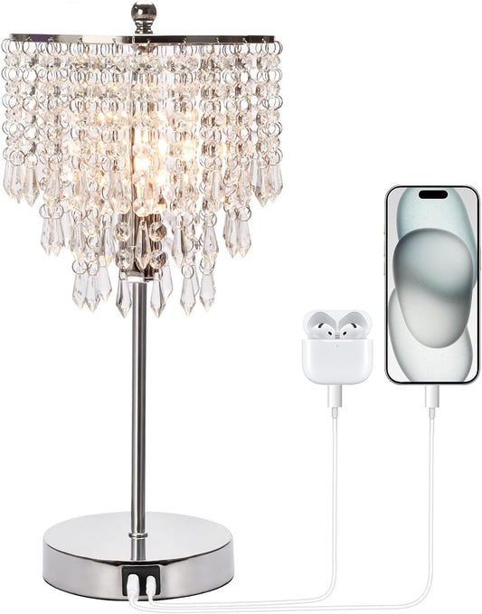 Elegant Crystal Side Table Lamp with USB C+A Charging Ports, B11 LED Bulb Included