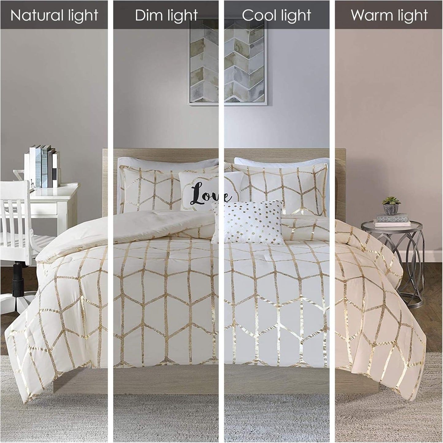 Raina King/Cal King Comforter Set, Modern Geometric Metallic Bed Set, 5 Pieces with 2 Shams, 2 Toss Pillows Ivory/Gold