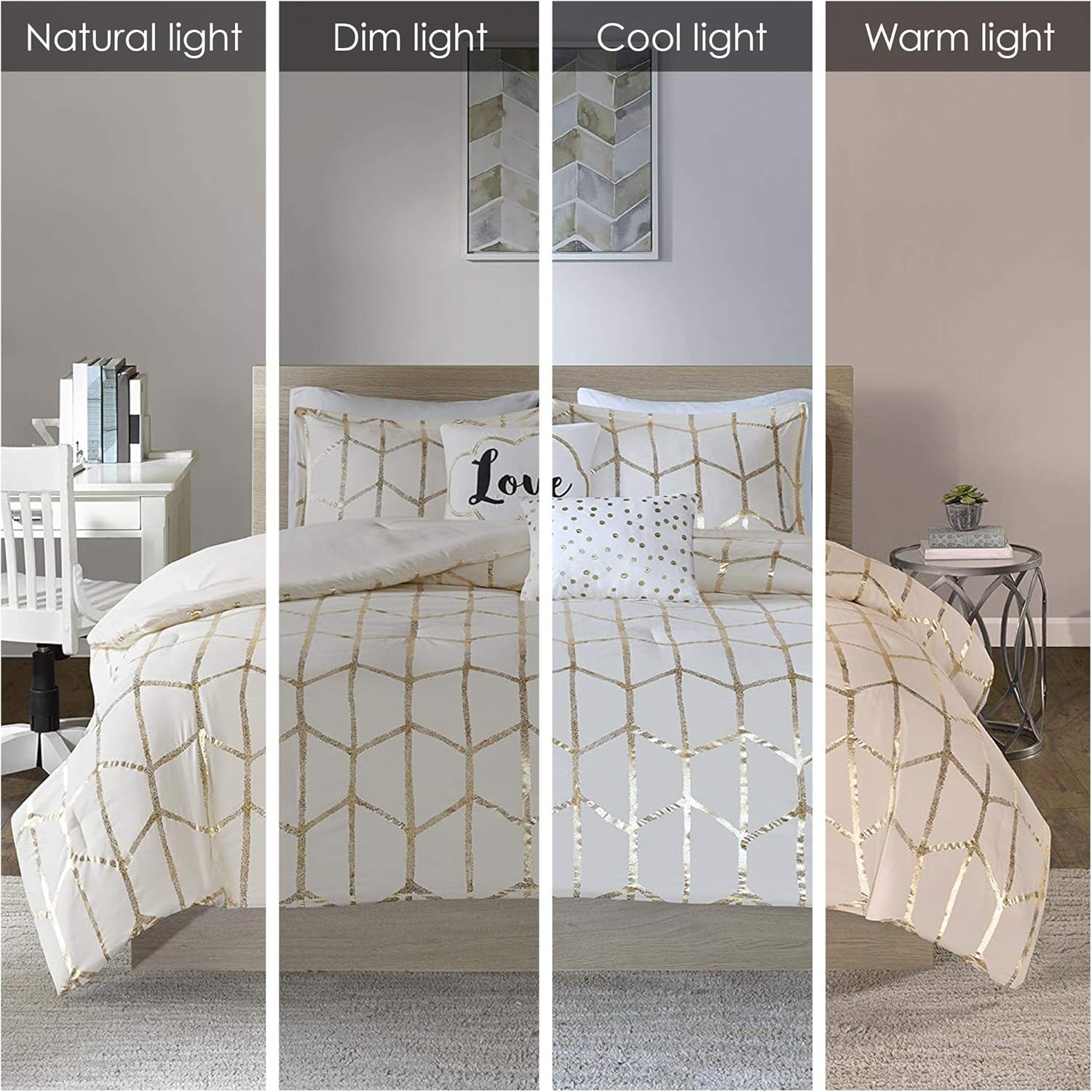 Raina King/Cal King Comforter Set, Modern Geometric Metallic Bed Set, 5 Pieces with 2 Shams, 2 Toss Pillows Ivory/Gold