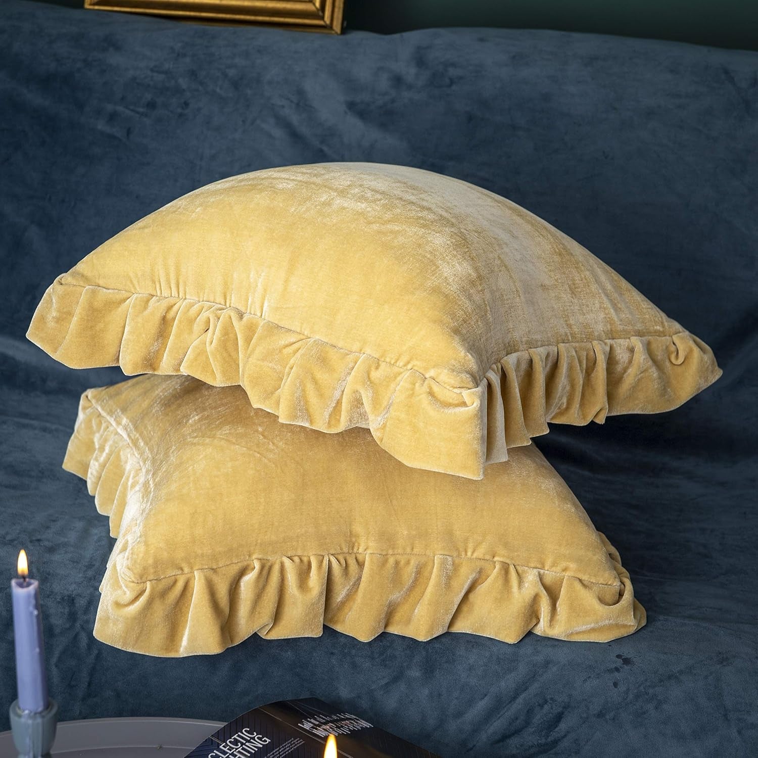 Velvet Throw Pillow Cover Soft Decorative Luxurious Solid Square Cushion Case for Sofa Couch Bedroom Farmhouse,Pack of 2, 18 X 18 Inches, Butter Yellow