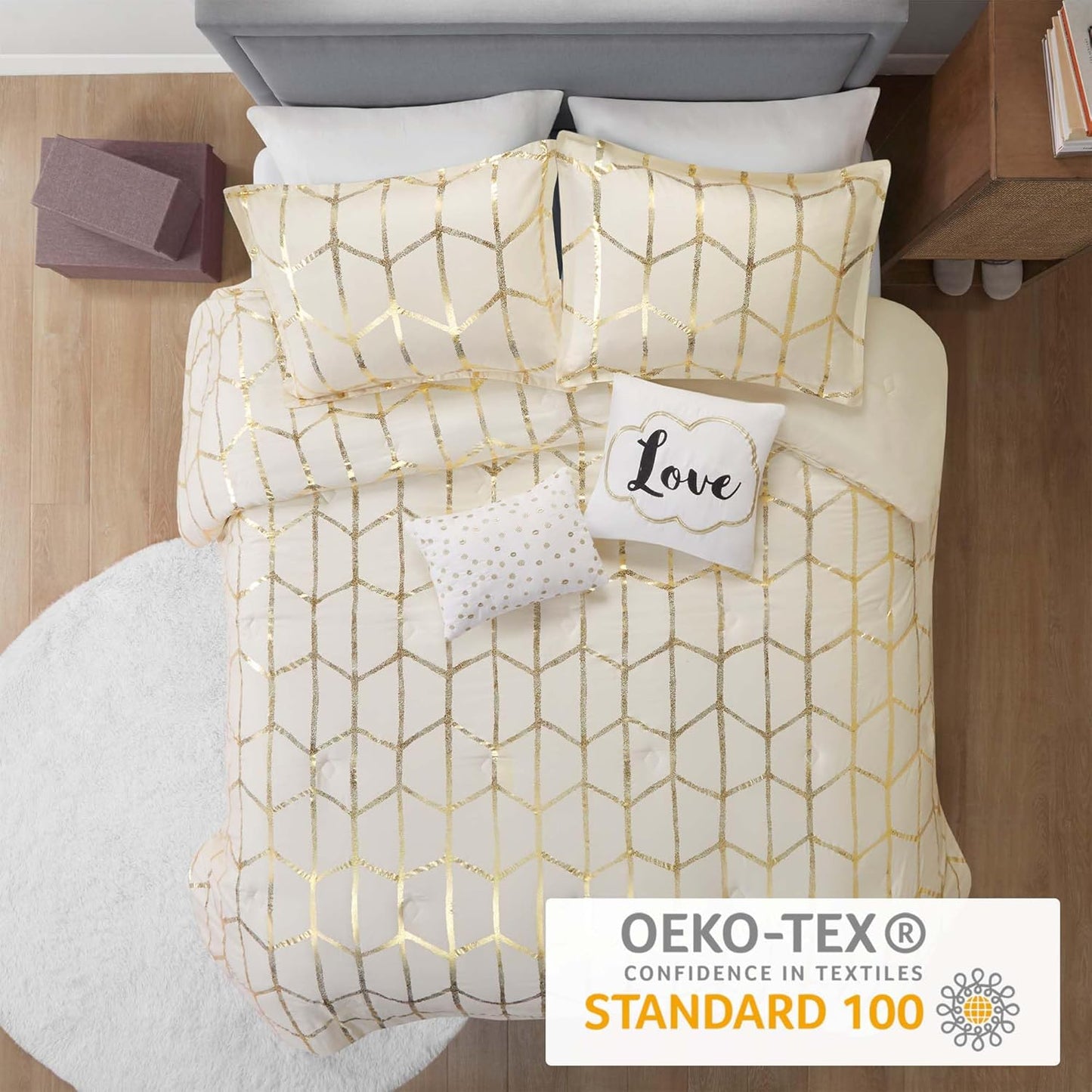 Raina King/Cal King Comforter Set, Modern Geometric Metallic Bed Set, 5 Pieces with 2 Shams, 2 Toss Pillows Ivory/Gold