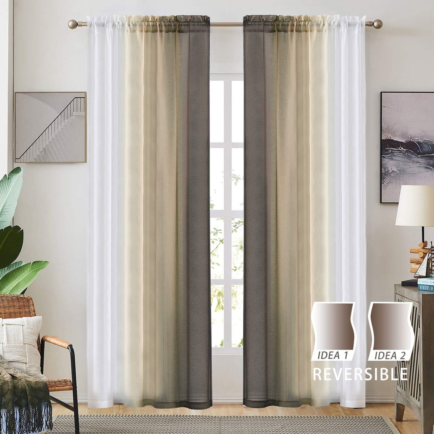 Ombre Faux Linen Sheer Curtains Rod Pocket, Privacy and Light Filtering, 2 Tone Reversible Gradient Voile Semi Window Curtains, Set of 2 Panels, Brown, 54 X 84 Inch Length