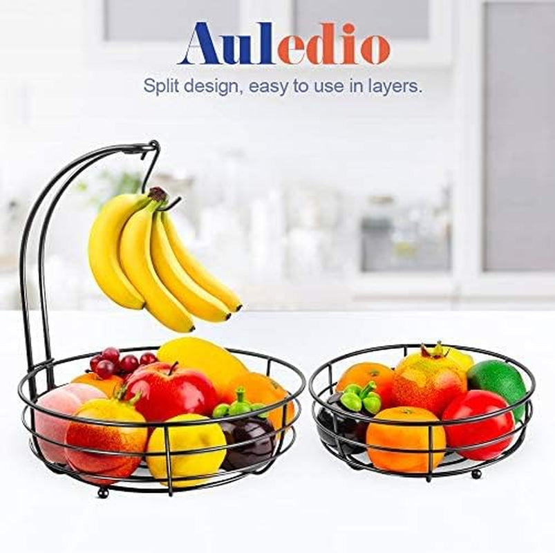 Iron 2-Tier Countertop Fruit Vegetables Basket Storage with Banana Hanger, Black, 64 Ounces