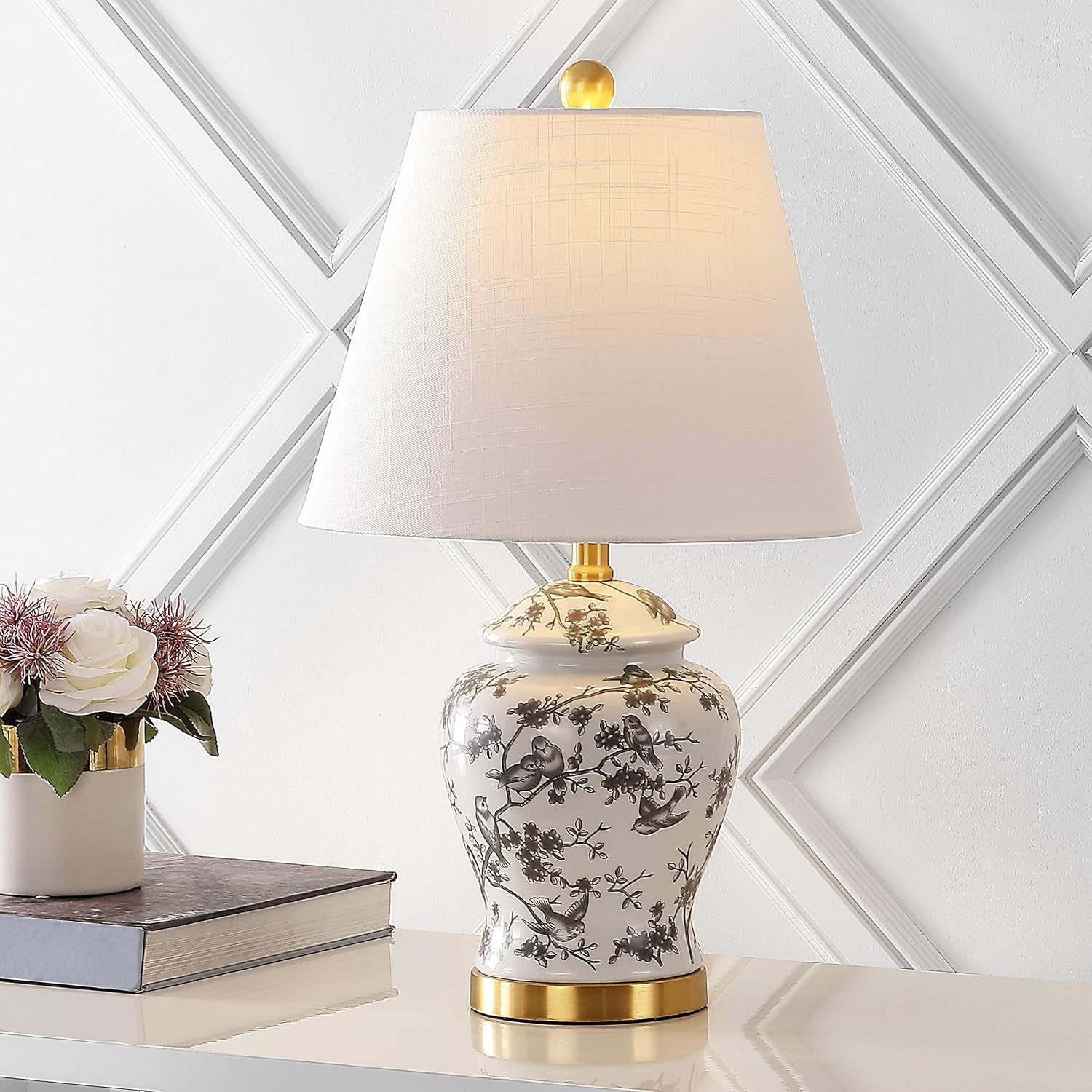 Penelope Ginger Jar 22" LED Table Lamp, Gray/White, Ceramic Metal Construction, Linen Empire Shade, Brass Gold, LED Bulb Included