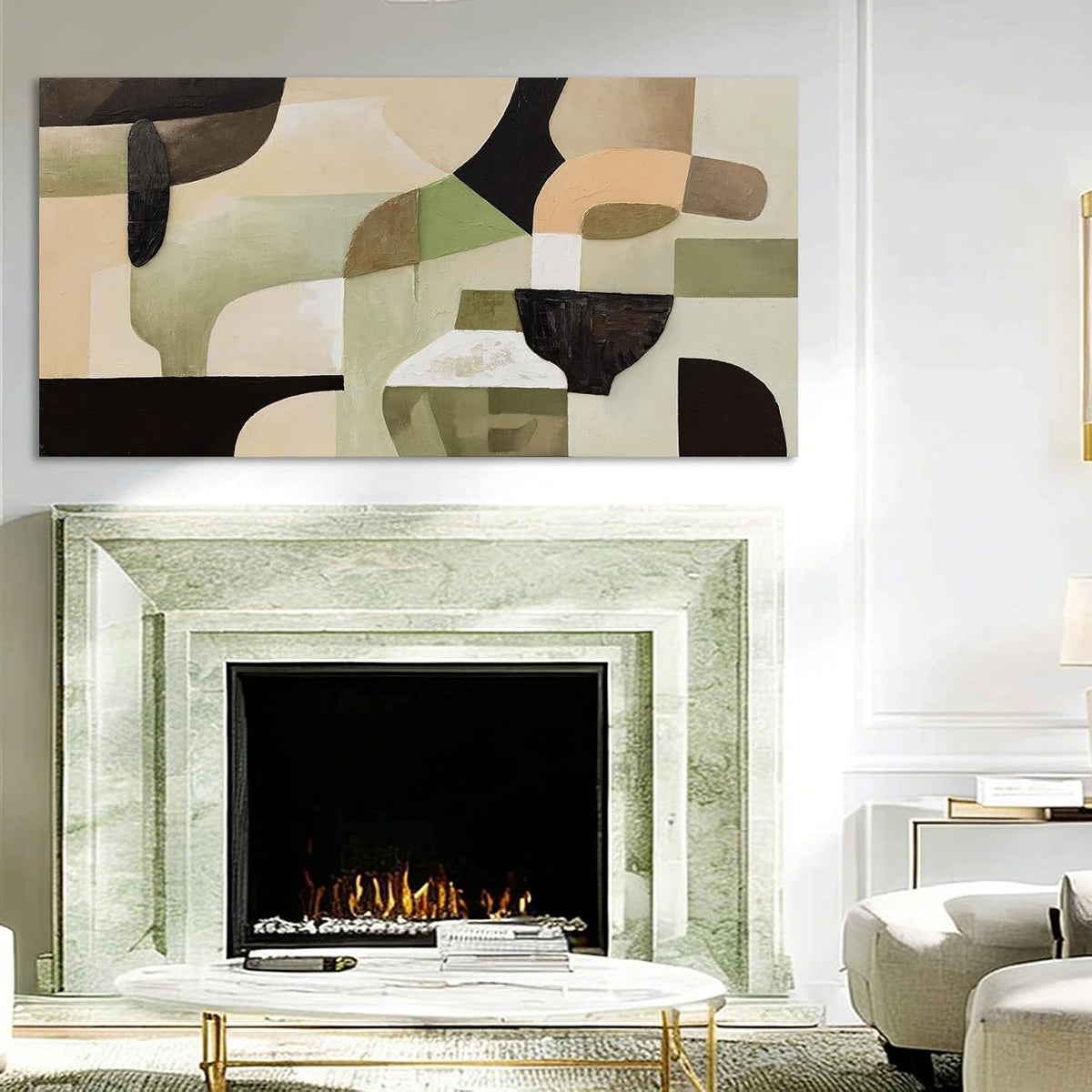 Modern Abstract Green Beige Canvas Wall Art for Living Room 24X48 Inch