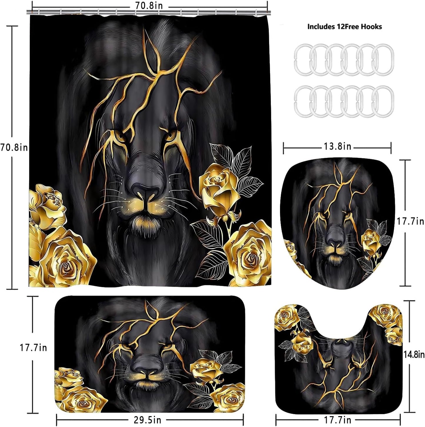 4 PCS Gold Rose Lion Bathroom Set with Shower Curtain and Rugs