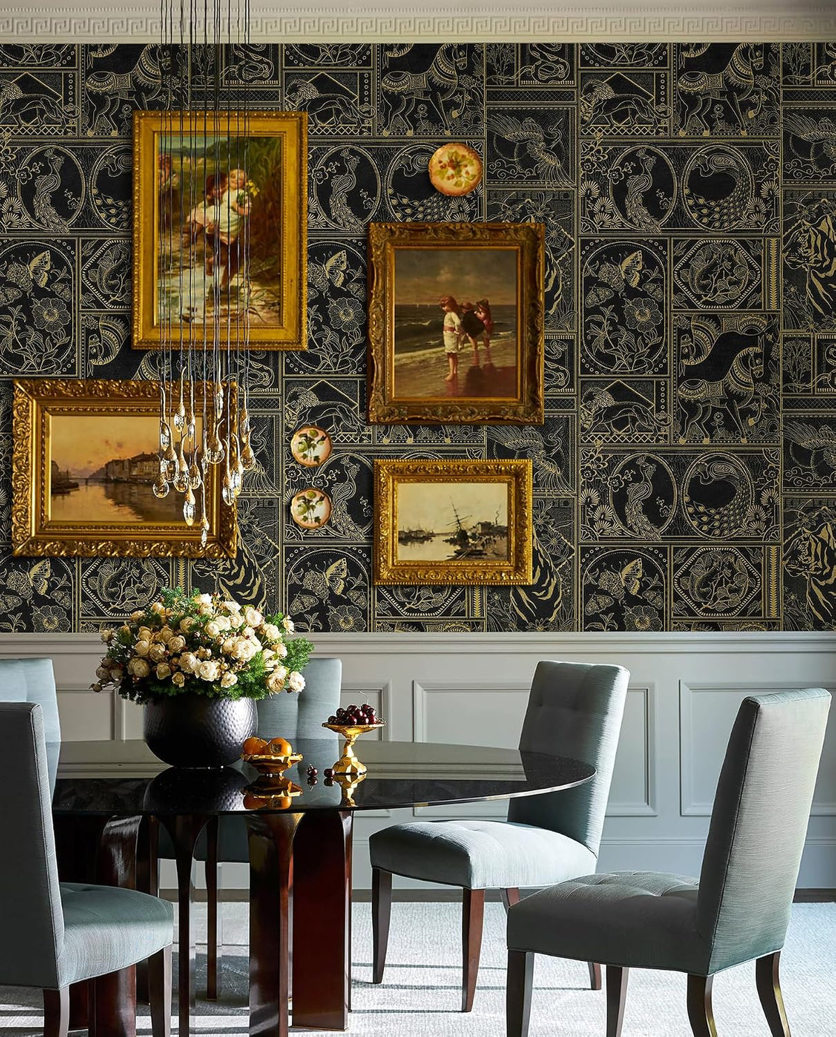 Vintage Peel and Stick Wallpaper Black and Gold Contact Paper, 394"X17.7" Peel and Stick Removable Animal Pattern