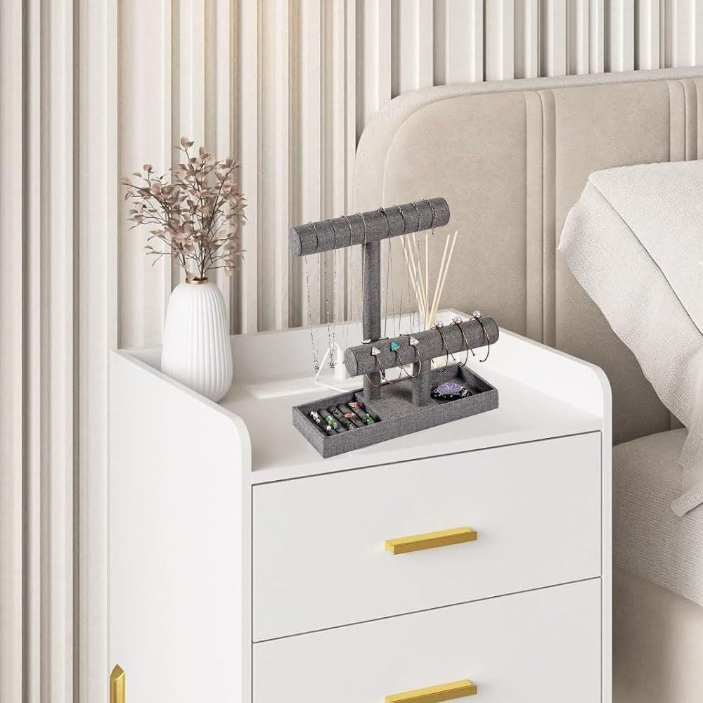 2 Tier Necklace Bracelet Holder Organizer with Ring Tray, (Gray Linen)