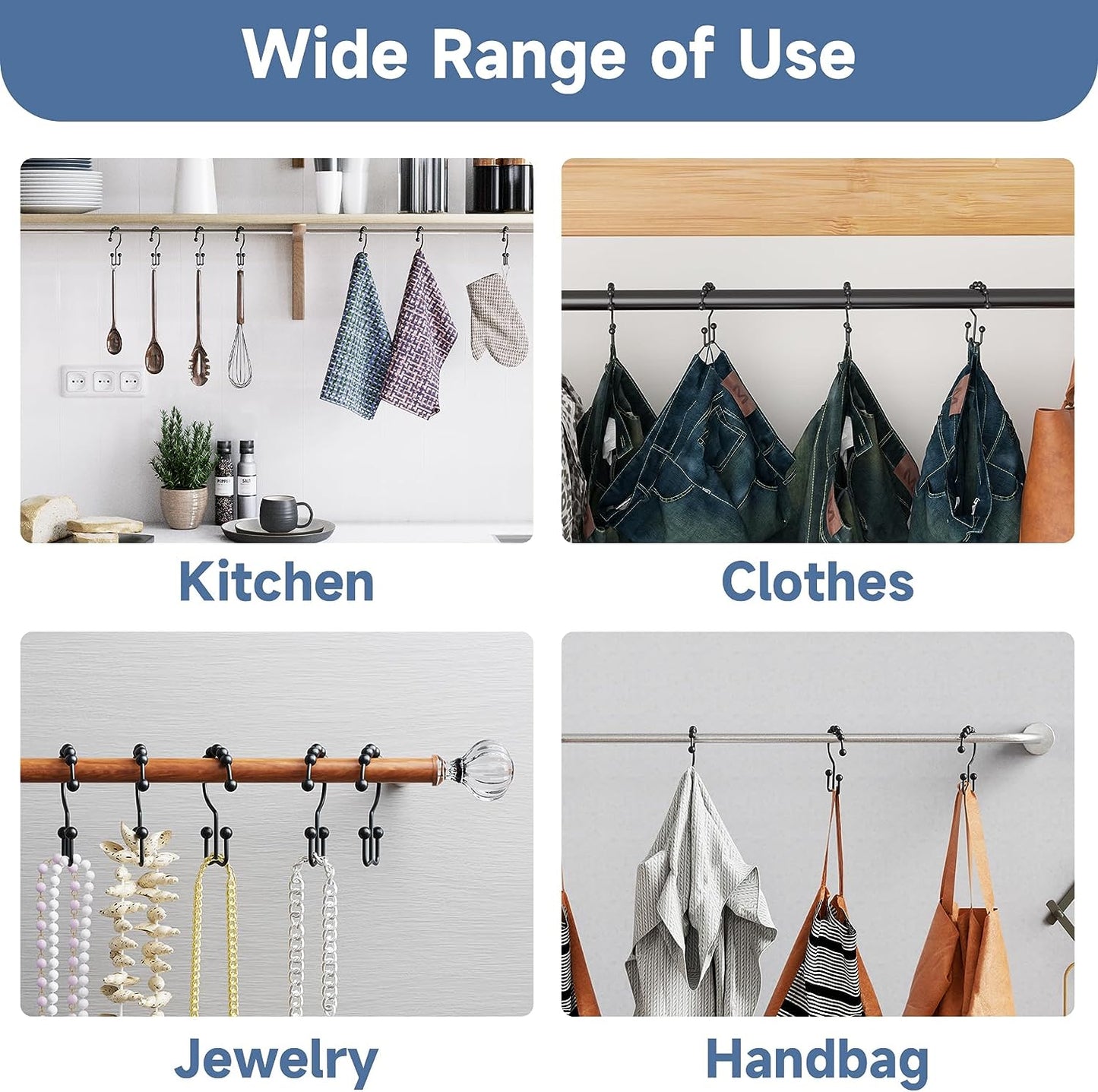 Matte Black Shower Curtain Hooks Rings, Rust-Resistant Metal, Set of 12 Hooks 