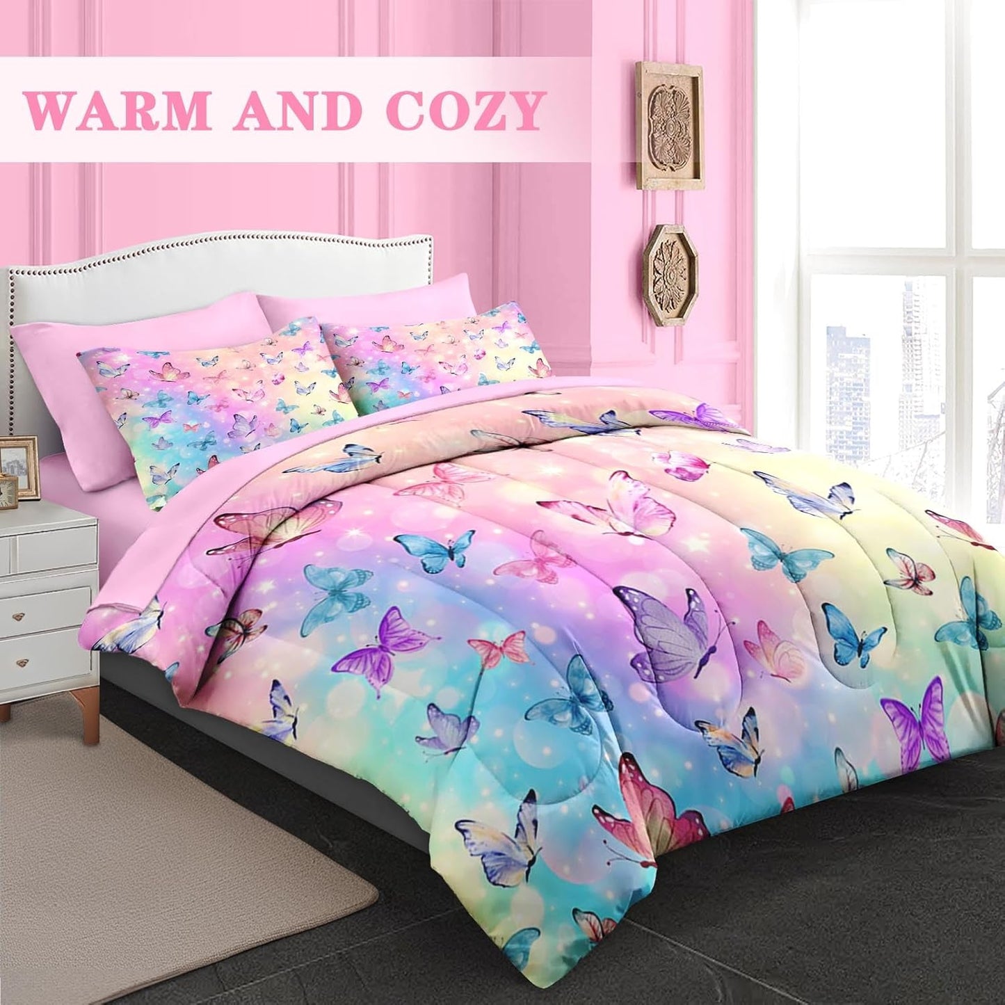 Comforter Set Twin Size, Pink Blue Butterfly 5 Pcs Bedding for Girls, Purple Colorful Rainbow Bed Sheet Sets with Fitted Sheet Pillowcase & Sham 