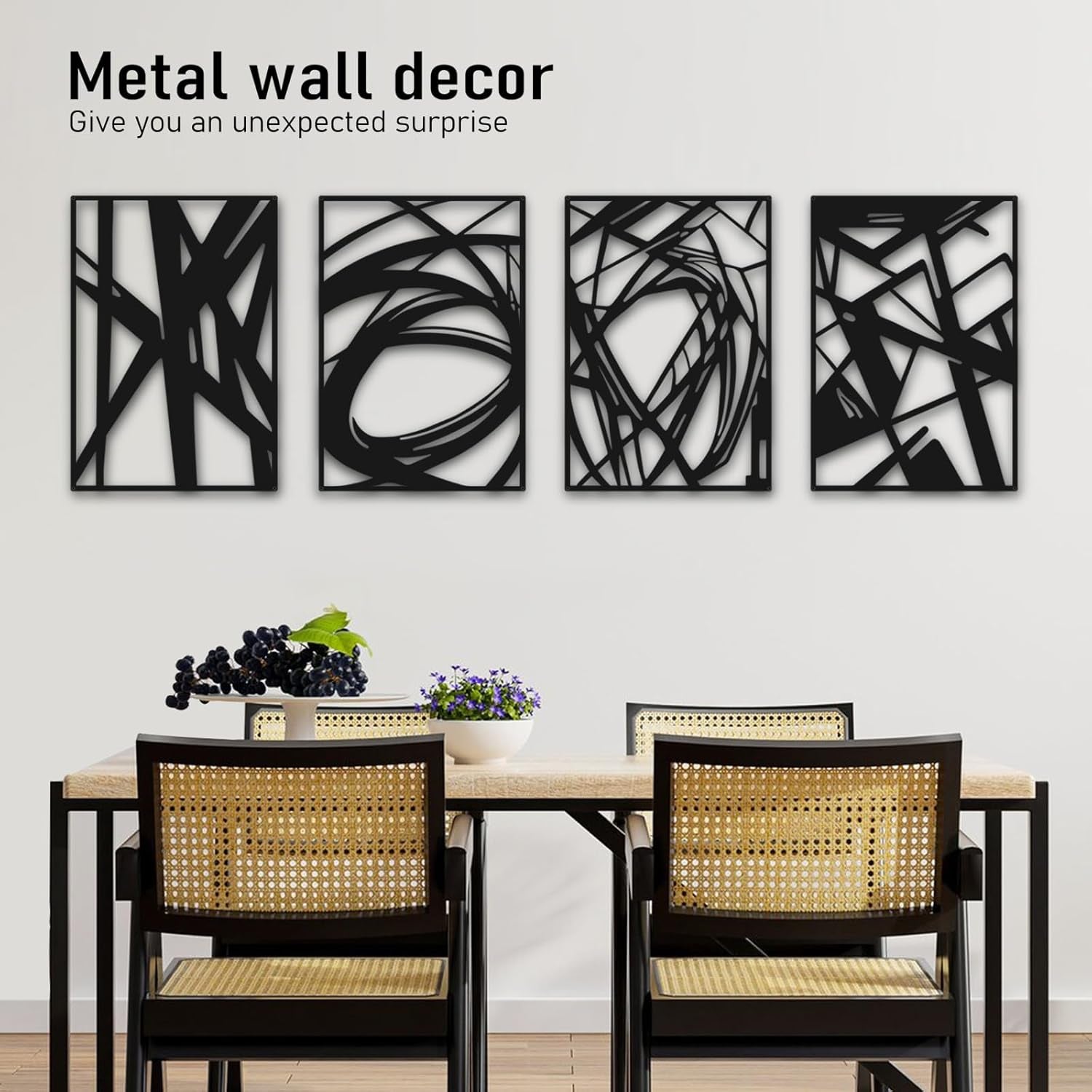 Black Abstract Wall Art, Metal Art Wall Decor, Modern Large Wall Art, 3D Abstract Wall Sculptures (4 Pack, 16 X 11 In)