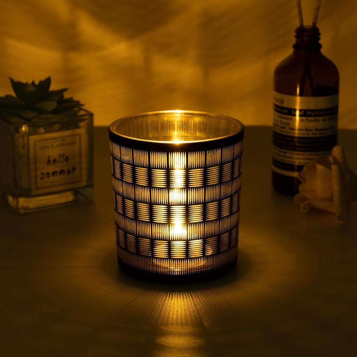Votive Candle Holders, Set of 3 Black and Gold Glass Tealight Candle Holder with Woven Pattern, Vintage Tea Light Holders for Chirstmas Table Centerpieces Birthday Party Home Decor