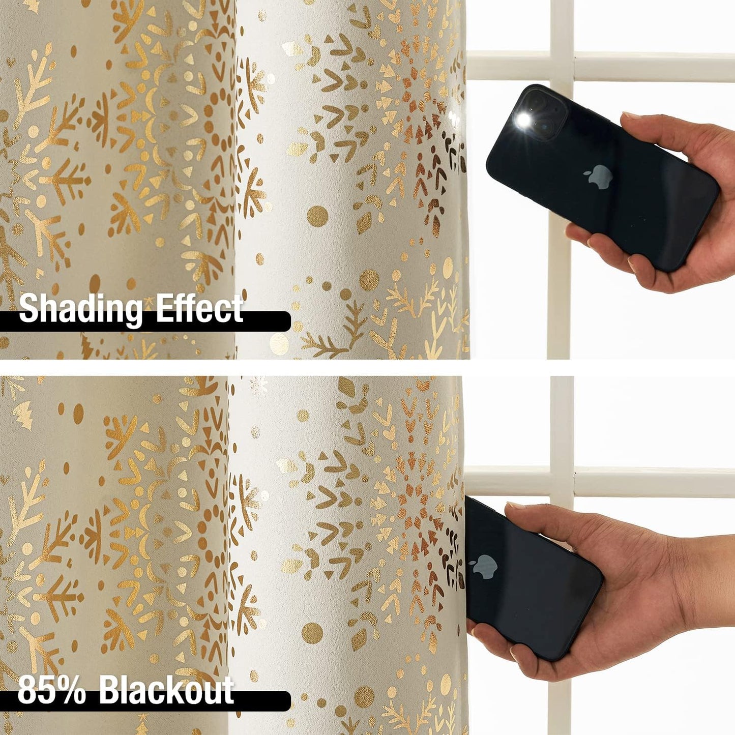 Ivory Gold Blackout Curtains Snowflake Print Curtain Panels 63Inch Medallion Floral Energy Saving 2Pcs