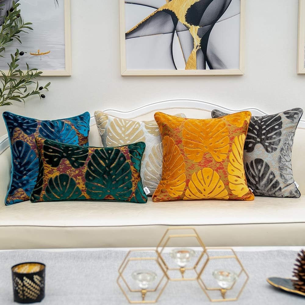 12 X 20 Inch Rectangle Leaf Pillow Embroidery Cut Velvet Cushion Case Luxury Modern Lumbar Throw Pillow Cover Decorative Pillow for Couch Sofa Living Room Bedroom Car, Gray Silver