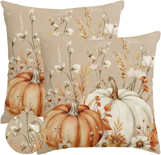 Fall Pumpkin Flower Brown Pillow Covers 18X18 Set of 2 Decor | Waterproof Polyester, Durable, Washable, Fade & Fray Resistant, Vintage Autumn Brown Covers, No Inserts, Sofa Porch Farmhouse