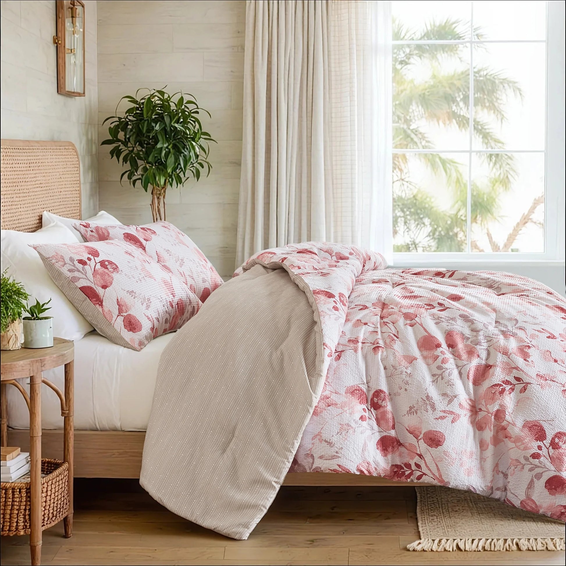 King/Cal King Comforter Sets, Reversible Seersucker Floral Bedding Sets, 3 Piece Lightweight Pink Blush Botanical Flowers Comforter Bed Set 