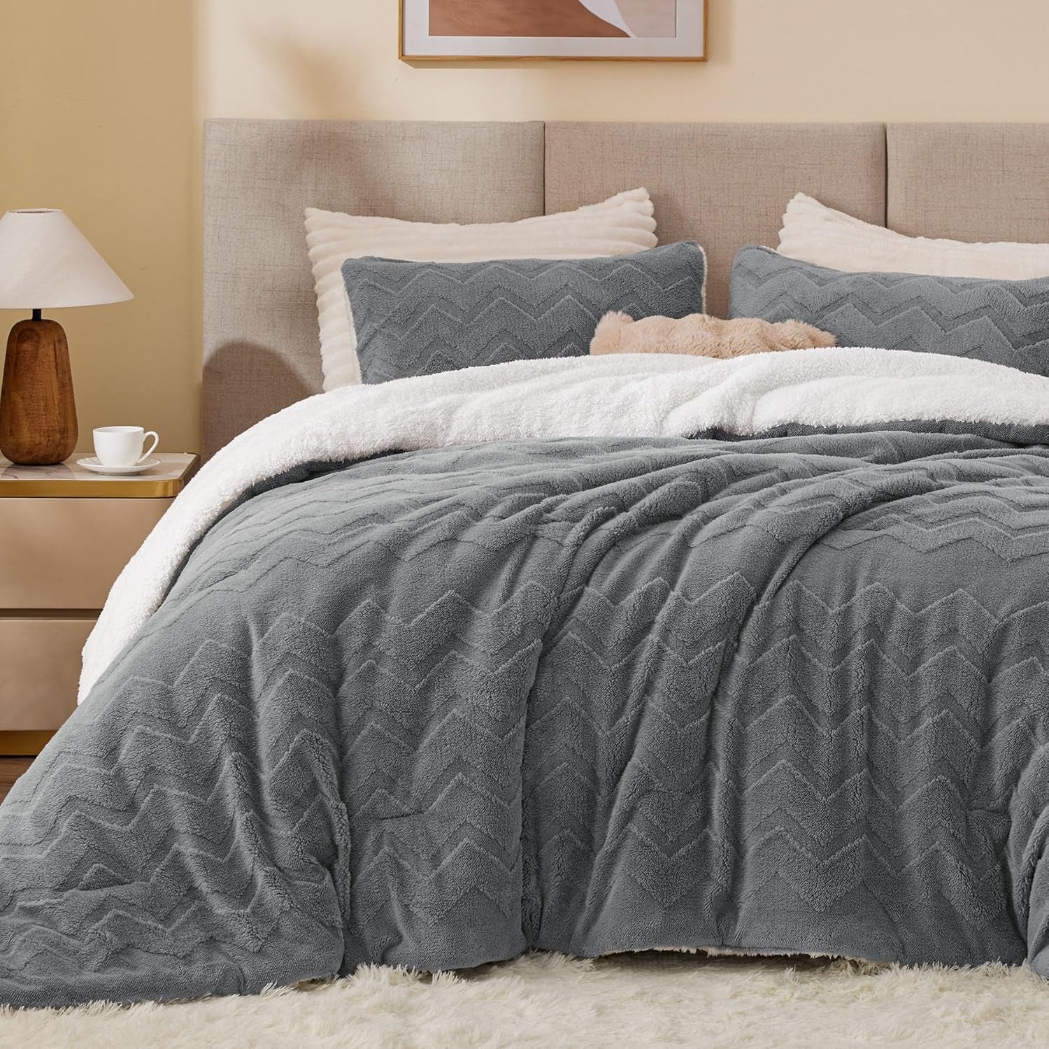 Fluffy Twin Comforter Set - Super Soft Sherpa Grey Comforter for Twin Size Bed, Luxury Warm Bedding Set for Winter, Fuzzy Bed Set 2 Piece (1 Comforter, 1 Pillowcase)
