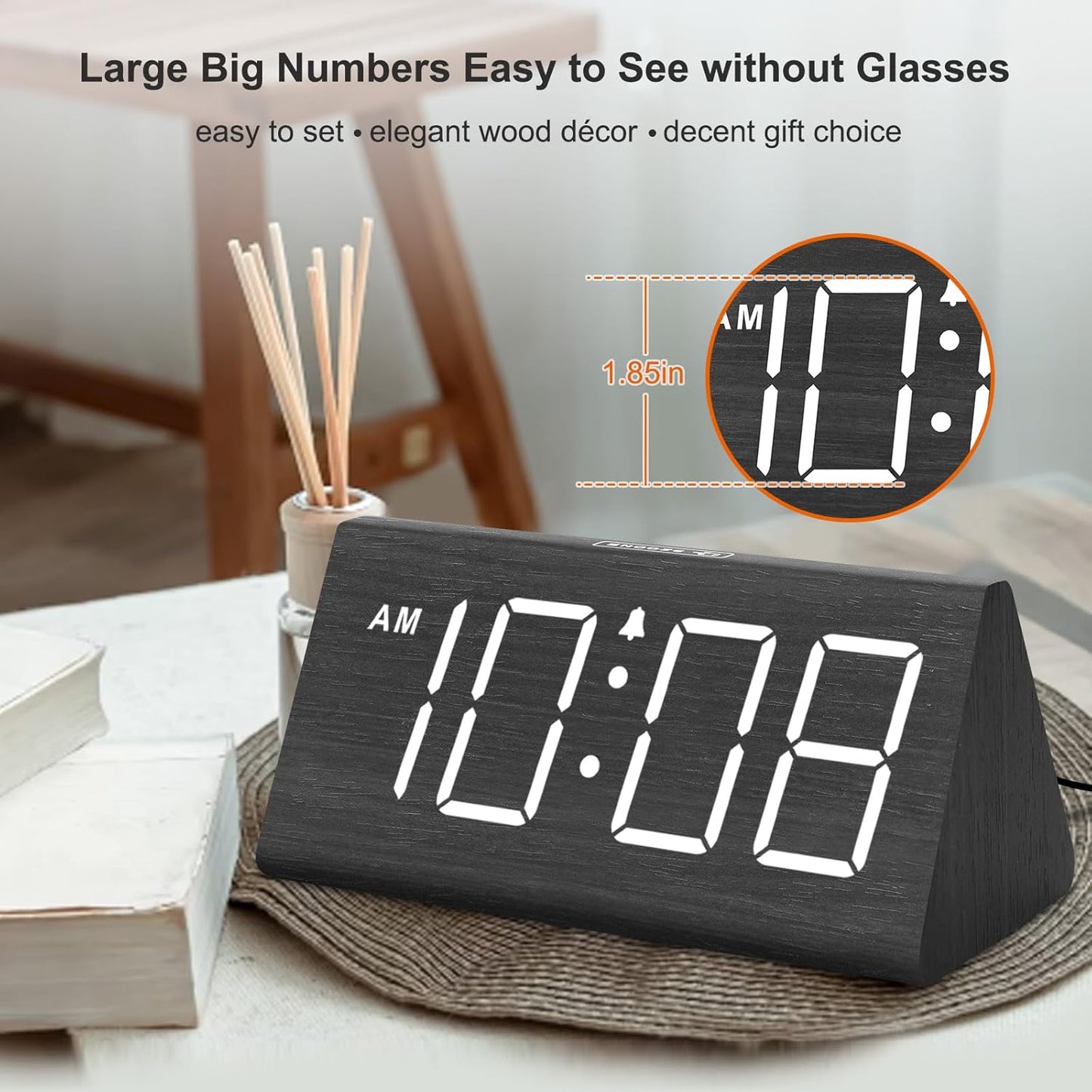 Wooden Digital Alarm Clocks for Bedrooms - Electric Desk Clock with Large Numbers, USB Port, Loud Alarm for Heavy Sleepers