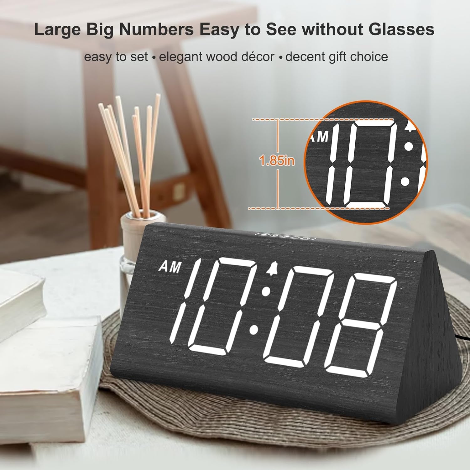 Wooden Digital Alarm Clocks for Bedrooms - Electric Desk Clock with Large Numbers, USB Port, Loud Alarm for Heavy Sleepers