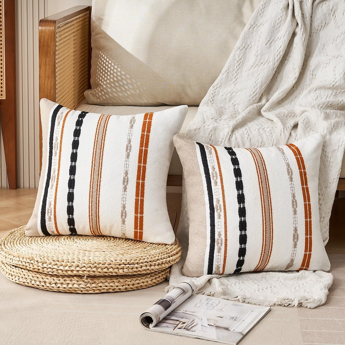 Decorative Stripe Throw Pillow Covers 18X18 Square, Set of 2