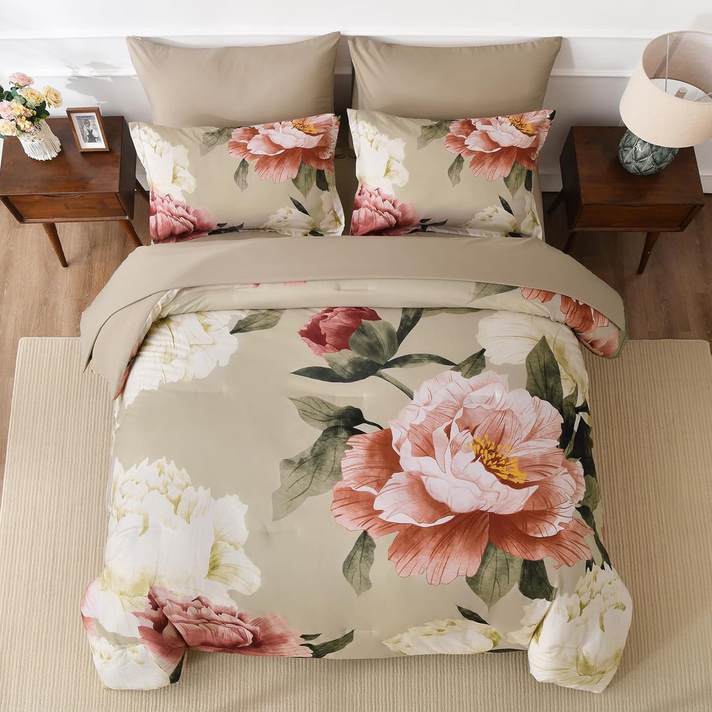 King Size Comforter Set 7 Piece Bed in a Bag, Pink Floral Printed on Khaki Comforter Set with Sheets, Set for All Season