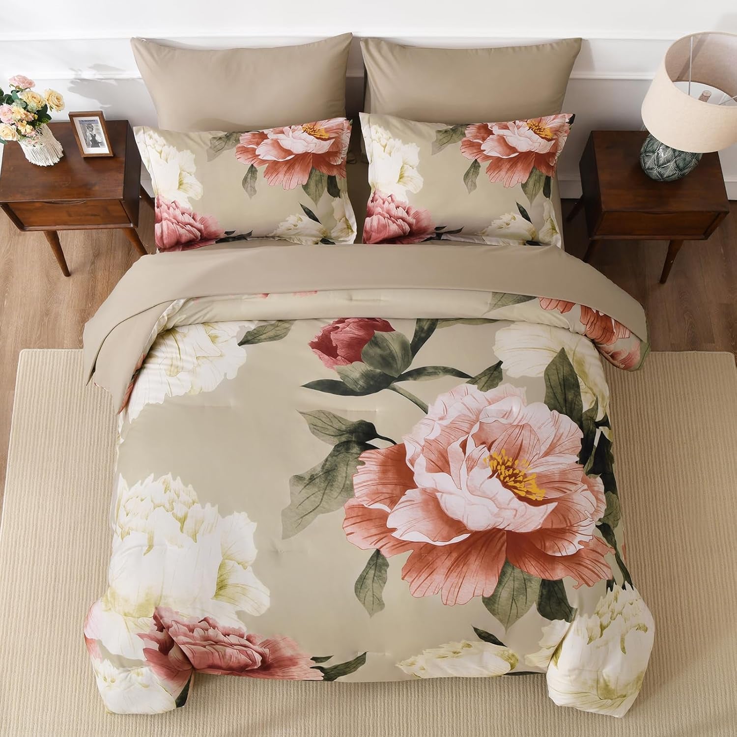 King Size Comforter Set 7 Piece Bed in a Bag, Pink Floral Printed on Khaki Comforter Set with Sheets, Set for All Season