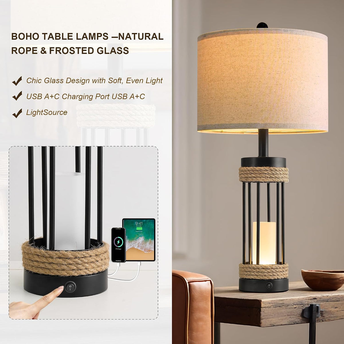 25" Table Lamps Set of 2, Rustic Lamps with USB C+A Charging Ports, Black Metal Lamp with Rope Accent and Frosted Glass