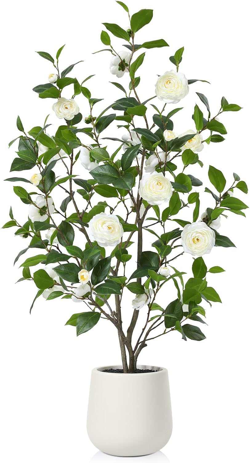 Artificial Camellia Tree, 4FT Faux Plant with Realistic White Silk Flower, Set of 1