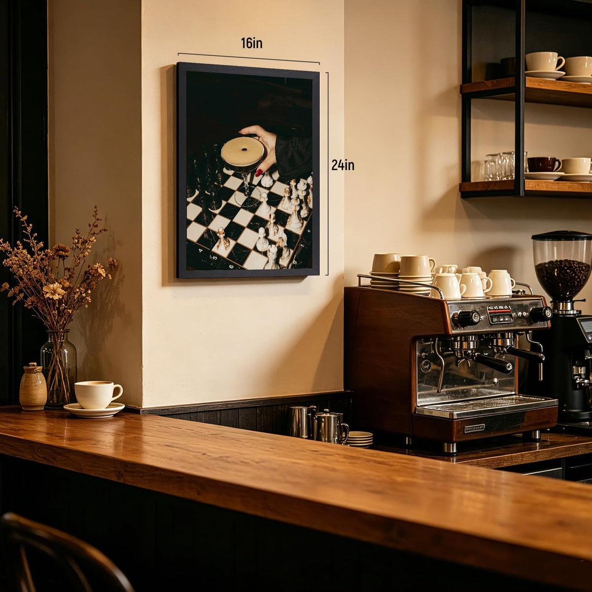 Wood Framed Chess Cocktail Wall Art, Espresso Martini Bar Wall Decor, Modern Coffee Bar Chessboard Poster Print, Moody Black and White Cafe Artwork for Kitchen Dining Room Office 12X16 Inch