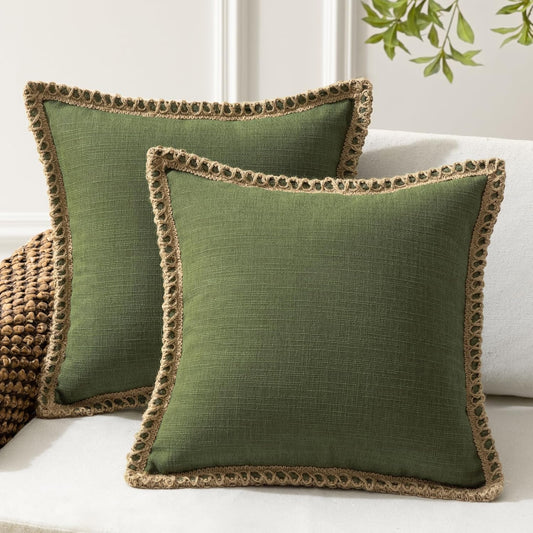 Pack of 2 Farmhouse Decorative Throw Pillow Cover Solid Burlap Linen Trimmed Tailored Edges, Olive Green, 20 X 20 Inches