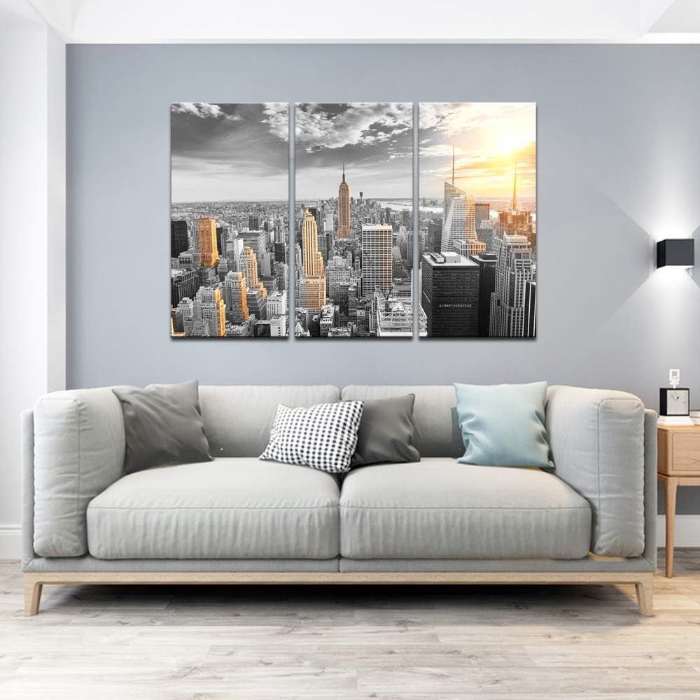 Large 3 Piece New York City Canvas Wall Art Modern Black and White NYC at Gold Sunset Picture Prints Cityscape Skyline Poster Framed for Home Office Living Room Decor