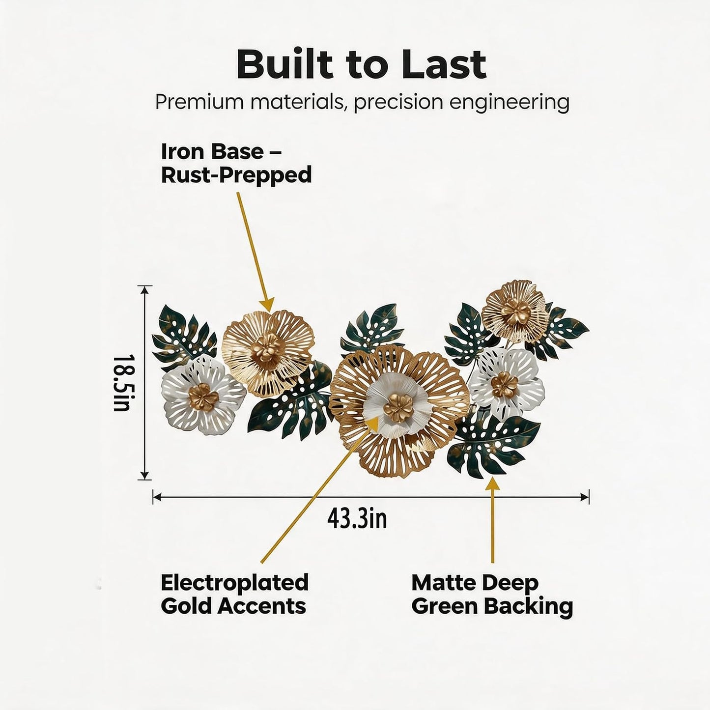 Large Modern Metal Wall Art, 3D Gold, White & Green Monstera Leaf Wall Sculpture, 43.3"L X 18.5"W