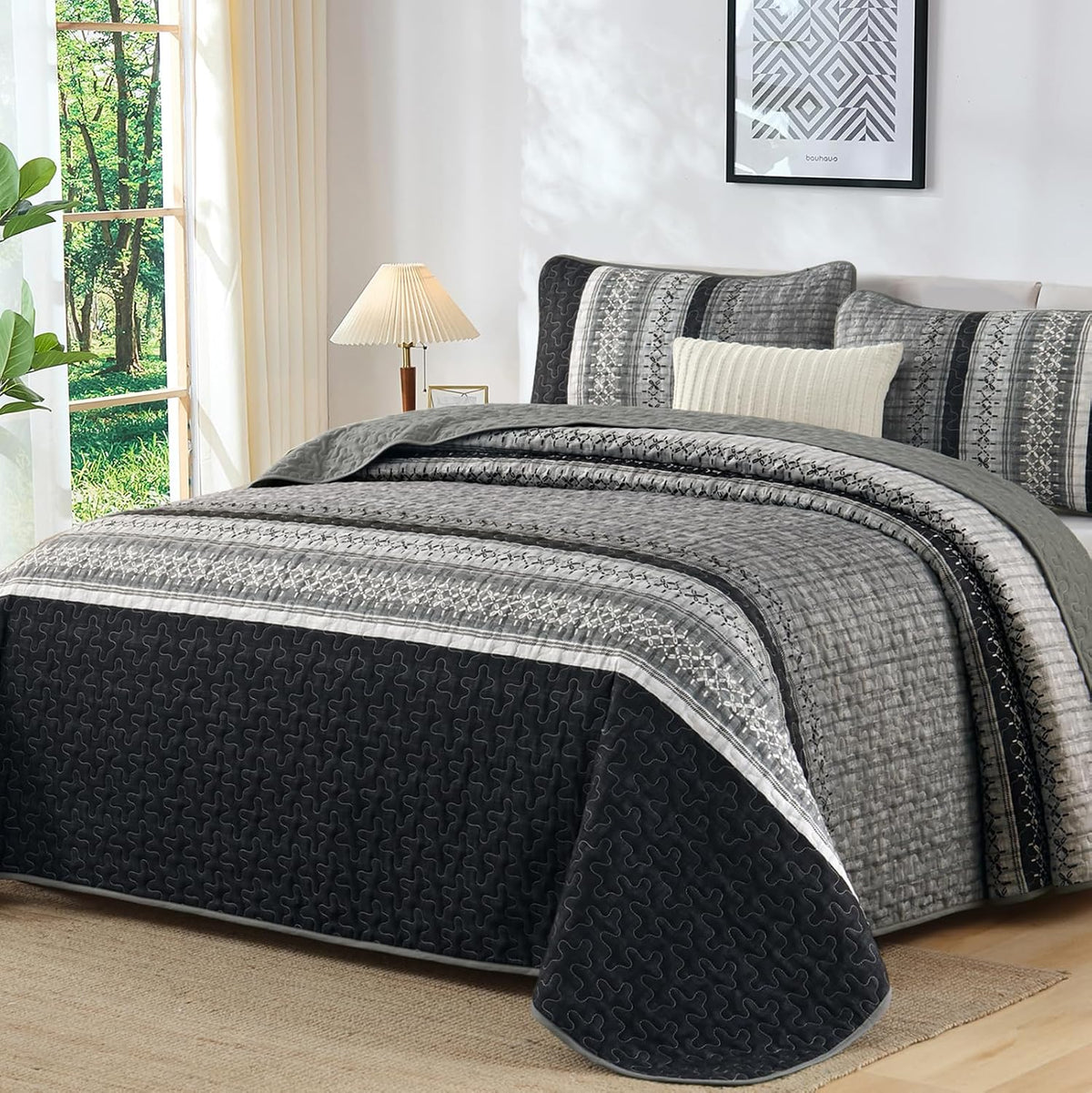 Quilt King Size,Black Grey Patchwork Striped Bedspread 3 Pcs