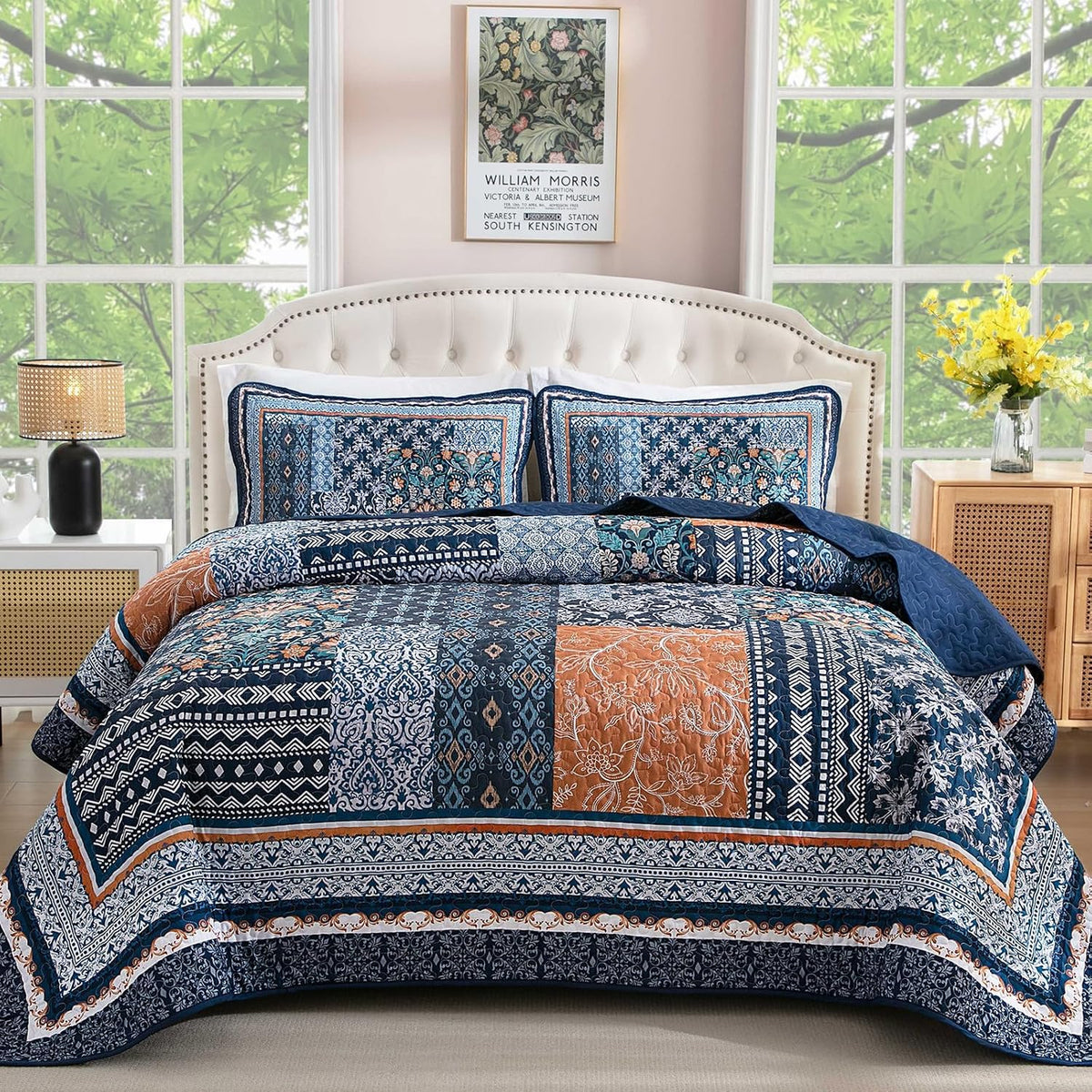 Boho Quilt Set Twin, 3 Pcs Navy Blue Patchwork Bedspread Set