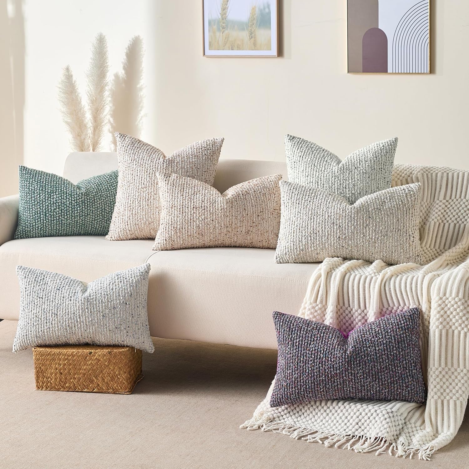 Decorative Lumbar Pillow Cover 12X20 Beige Striped Soft Wool 