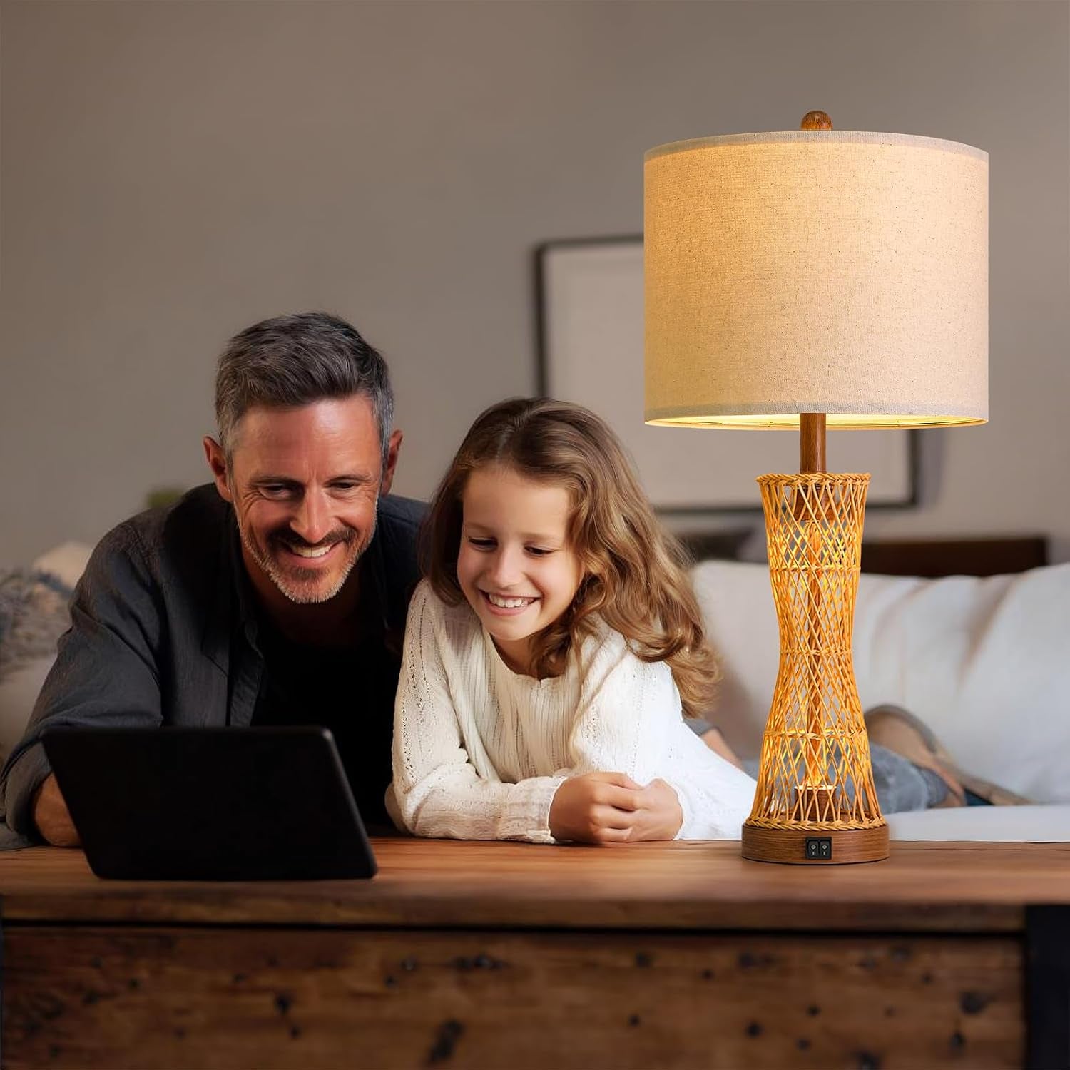 27" Table Lamps Set of 2 with Rattan & Dual Lights, Boho Lamps for Nightstands, Bedside Lamps for Bedroom, Nightstand Lamp for Living Room, Farmhouse Table Lamp for Office & Study