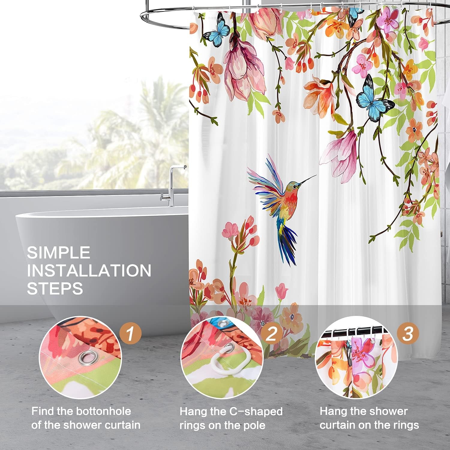 Watercolor Hummingbird Floral Shower Curtain, Spring Pink Peach Blossom Butterfly Bird, Waterproof Polyester Fabric with Hooks, 72 X 72 Inches