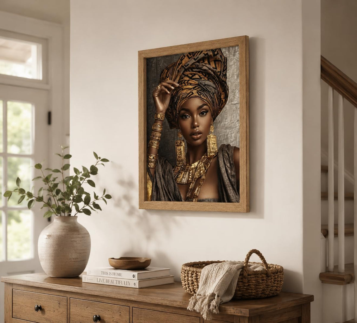 Framed African Ethnic Luxury Black Girl Portrait Canvas Wall Art