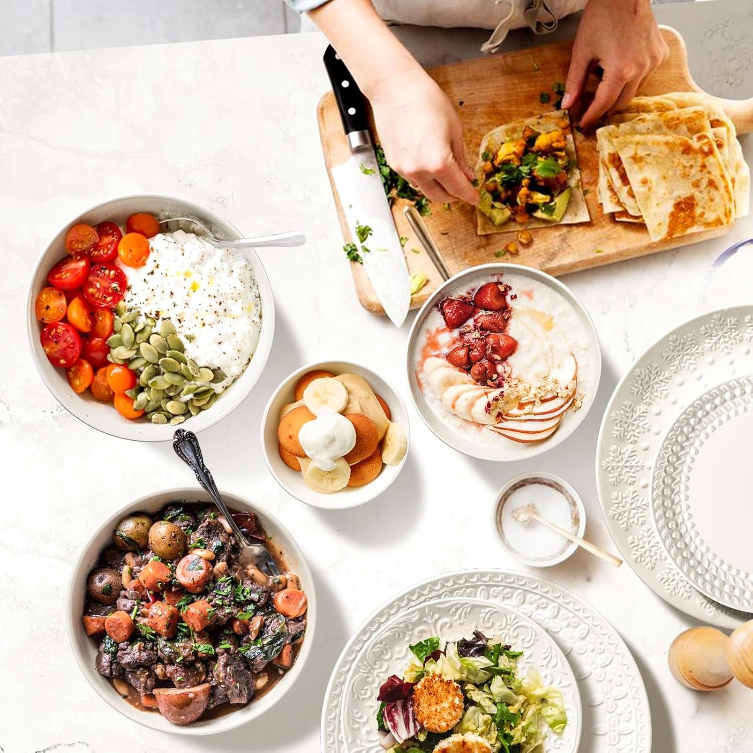 Large Salad Bowls Set of 4, 60Oz White Serving Bowls Deep Embossed Ceramic 8 Inch (Multiple Patterns)