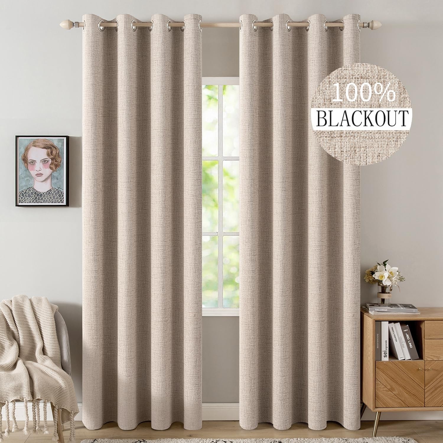 100% Blackout Linen Textured Curtains Natural Beige 52 X 84 Inch (2 Panels)